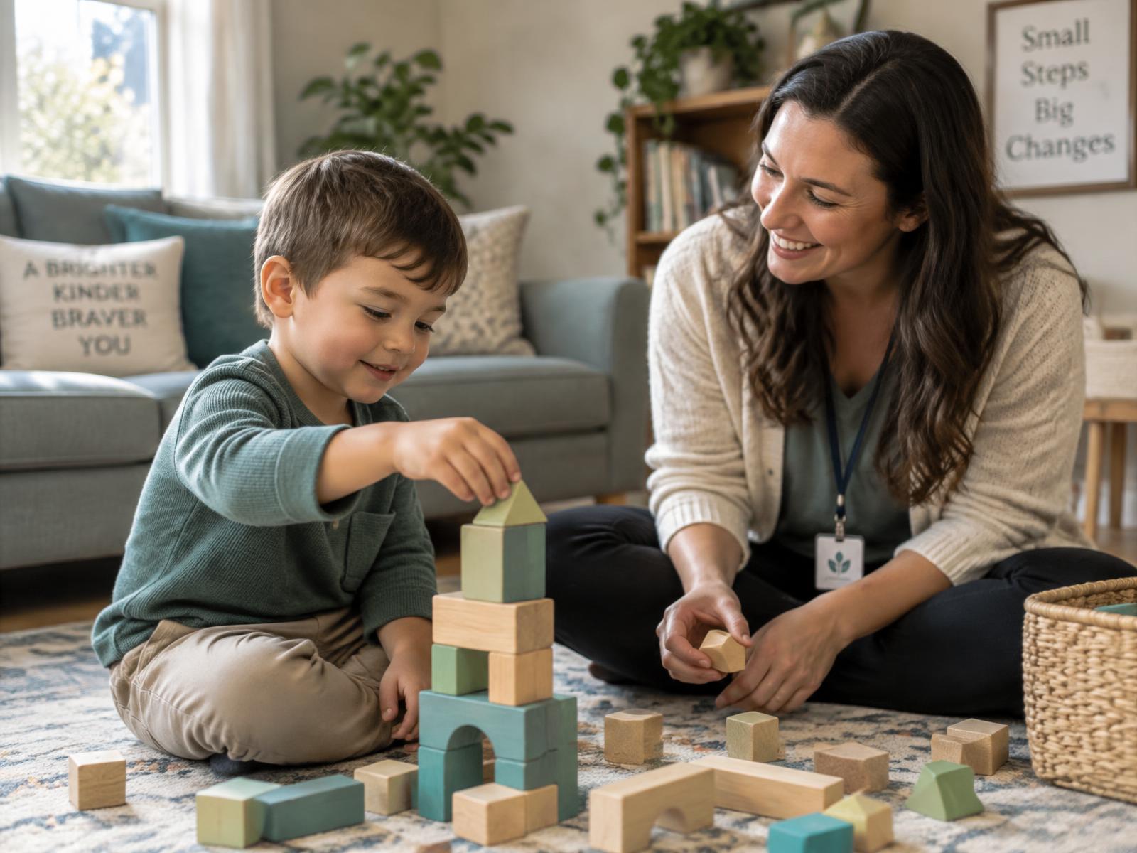 A behavior analyst and a young child building with wooden blocks on a living room rug at home